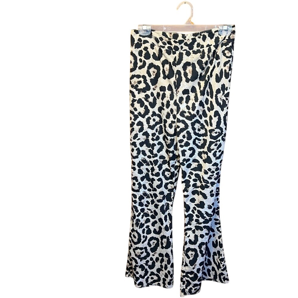 Essue Leopard Print Flare Pants Women's Md High Rise Zipper Closure Chic Date Nt